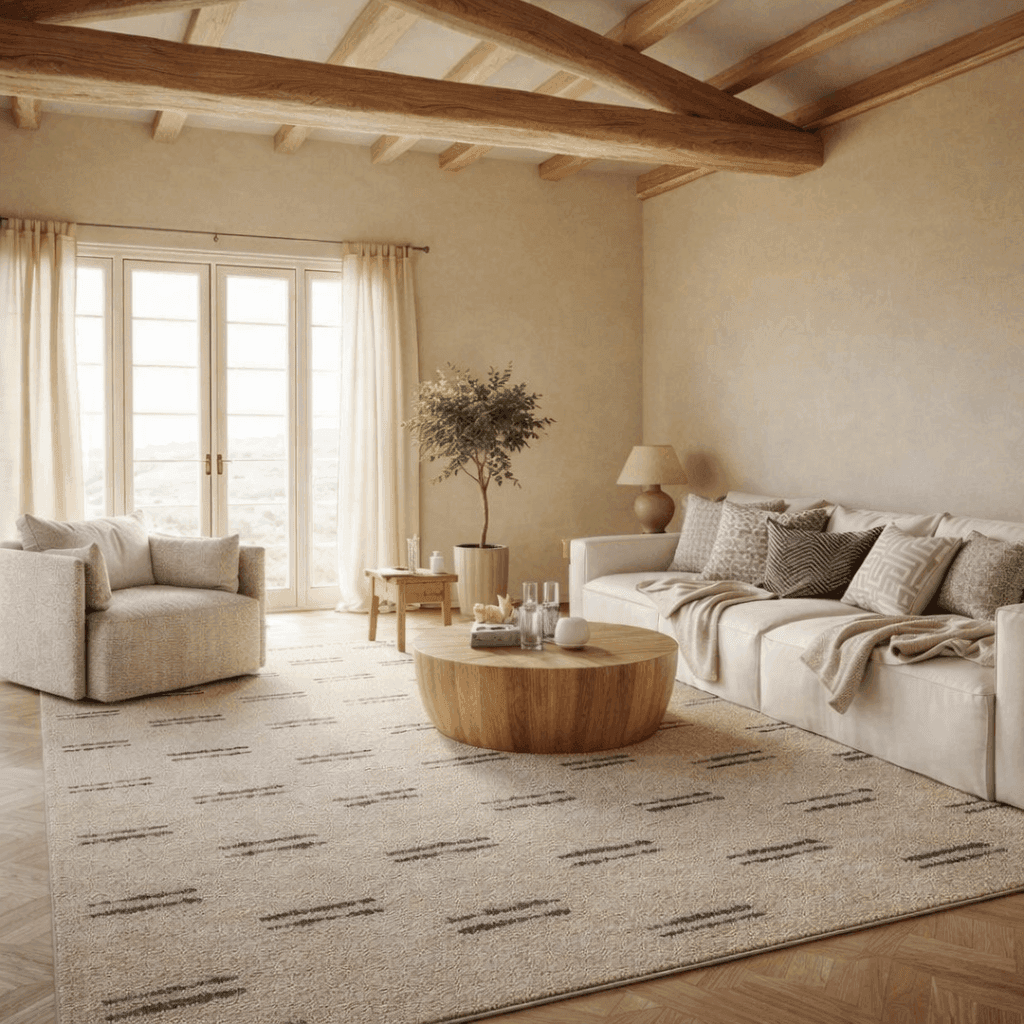 Bright living room with a cream sofa, round armchair, wooden coffee table, patterned rug, exposed ceiling beams, and French doors.