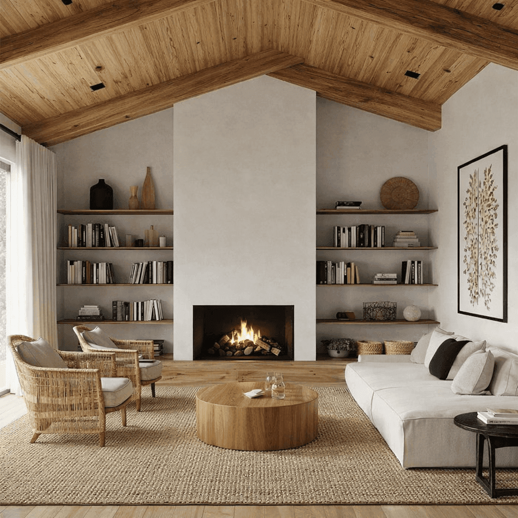 Cozy living room with vaulted wood ceiling, fireplace, bookshelves, white sofa, rattan chairs, and a jute rug.
